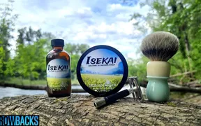 Tobin shaving outdoors on the McKenzie River at sunset while reviewing BC Soaps and Such Isekai soap