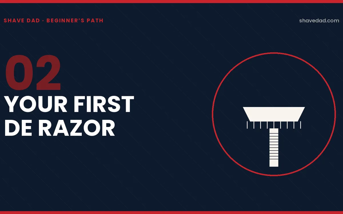 Hero illustration: top-down stylized DE safety razor in bone with a knurled handle on the Shave Dad branded card.