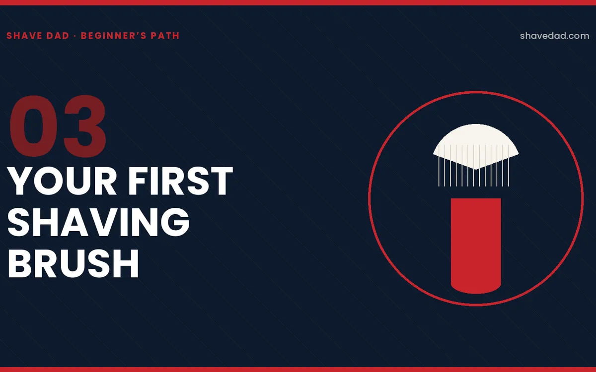 Hero illustration: stylized shaving brush — bone-colored knot above a red handle on the Shave Dad branded card.