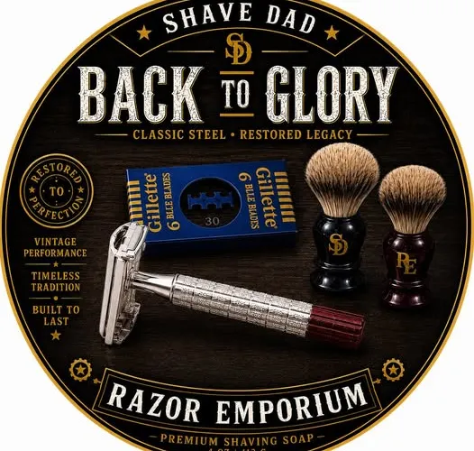 Shave Dad x Razor Emporium Back to Glory collaboration label art featuring a vintage Gillette Red Tip razor