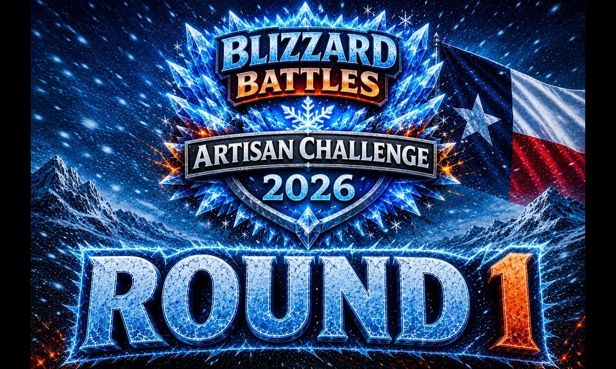 Bary Bedford holding up the Blizzard Battles 2026 scorecard for Round 1, Mama Bear Soaps vs Adopted Acres