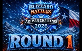 Bary Bedford holding up the Blizzard Battles 2026 scorecard for Round 1, Mama Bear Soaps vs Adopted Acres