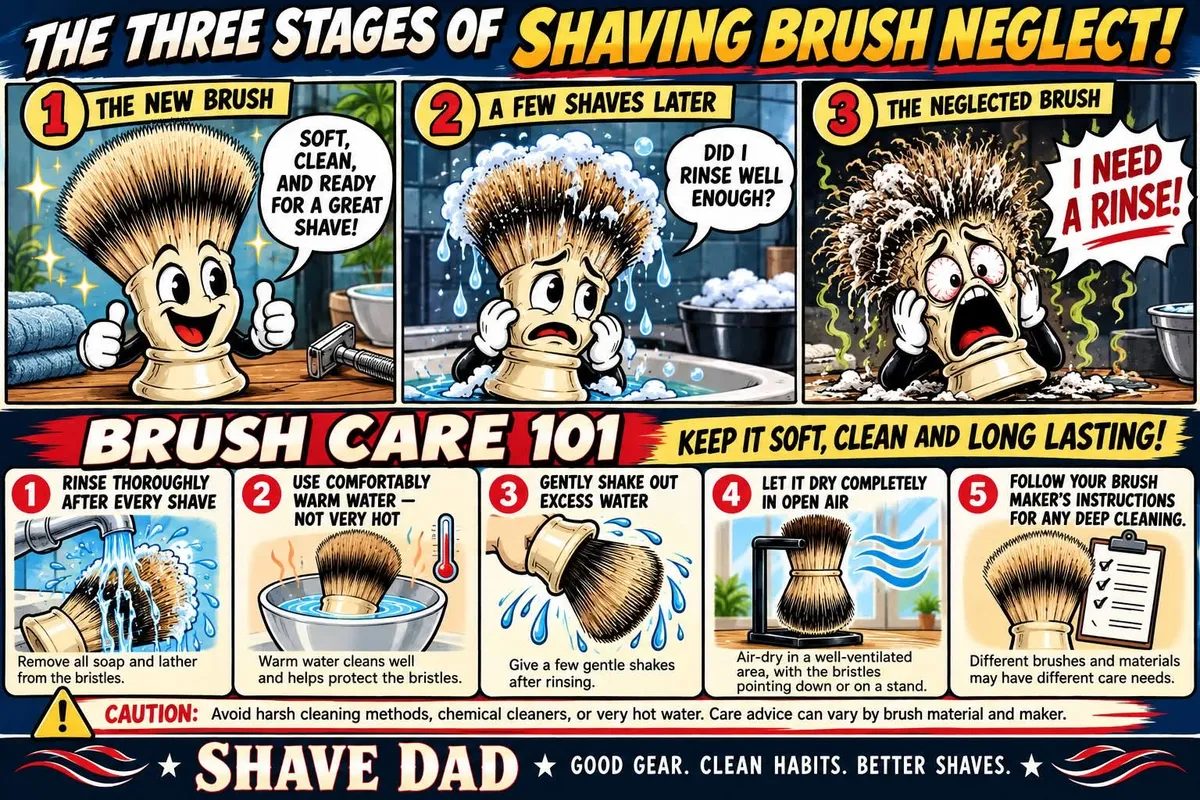A graphic titled Shave Dad Presents: The Three Stages of Shaving Brush Neglect, posted to the Shave Dad Facebook group asking members about their brush cleaning routines