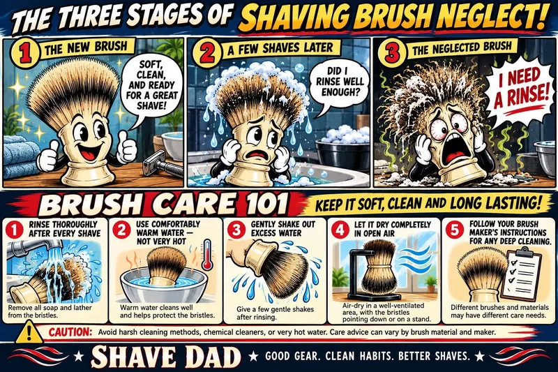A graphic titled Shave Dad Presents: The Three Stages of Shaving Brush Neglect, posted to the Shave Dad Facebook group asking members about their brush cleaning routines