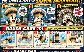 A graphic titled Shave Dad Presents: The Three Stages of Shaving Brush Neglect, posted to the Shave Dad Facebook group asking members about their brush cleaning routines