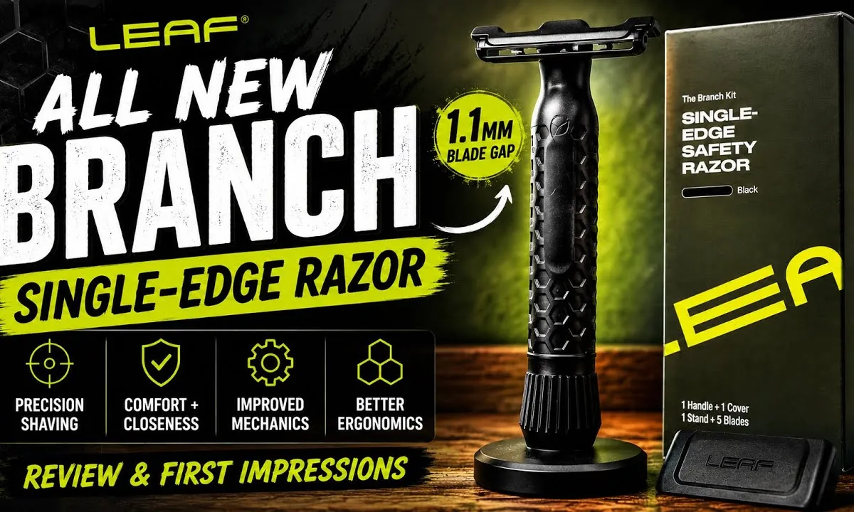 Leaf Branch single-edge razor next to the Leaf Thorn on a shave den counter