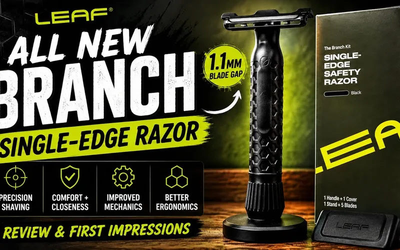 Leaf Branch single-edge razor next to the Leaf Thorn on a shave den counter
