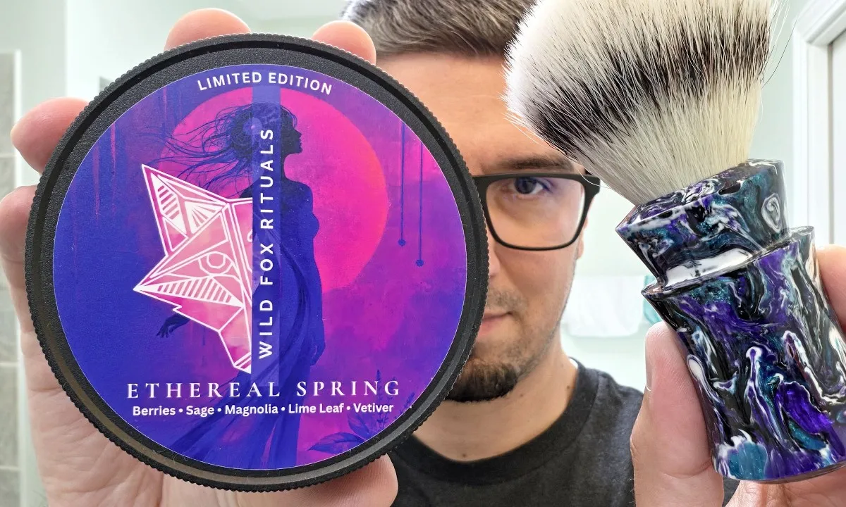 Wild Fox Rituals Ethereal Spring limited edition shave soap and aftershave gel with Karve Bison AL razor