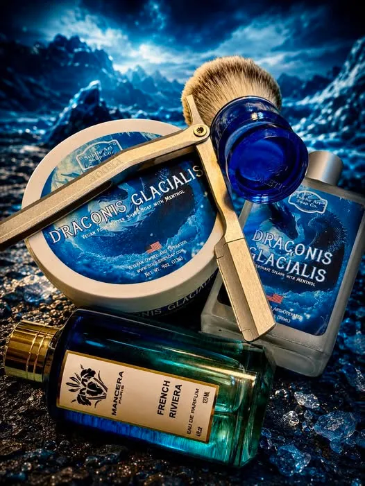 Shave setup featuring Subtle Art Soap Co. Draconis Glacialis soap, Proof straight razor, and DS Cosmetics brush