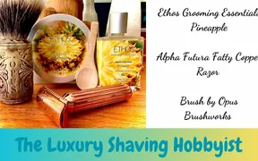 Ethos Pineapple soap, Alpha Futura Fatty copper razor, and Opus Brushworks brush on a shave bench