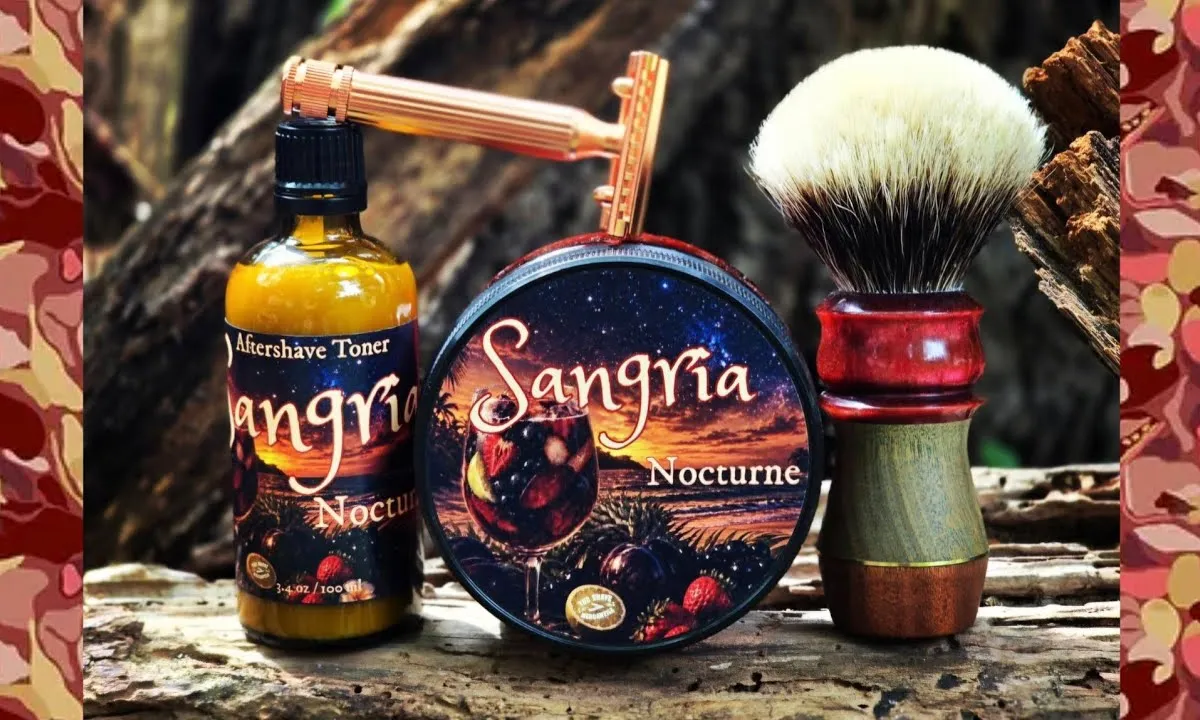 The Shave Mercantile Sangria Nocturne soap puck and aftershave toner on a shave shelf