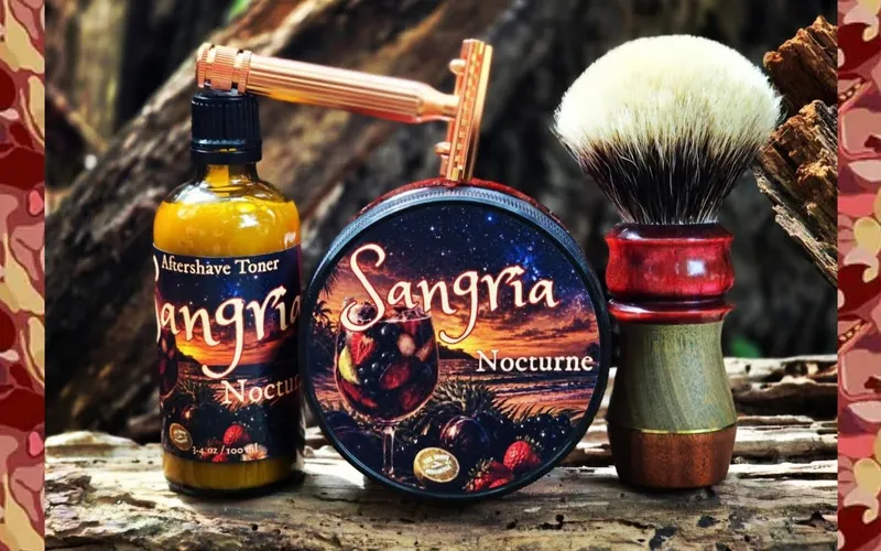 The Shave Mercantile Sangria Nocturne soap puck and aftershave toner on a shave shelf