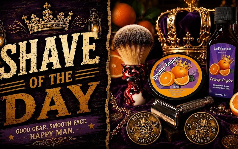 Video thumbnail for an all-orange wet shaving lineup: Goodfellas Smile Orange Empire soap, GDMG Hellfire brush, RazoRock The GOAT razor, and Stirling Orange Chill splash