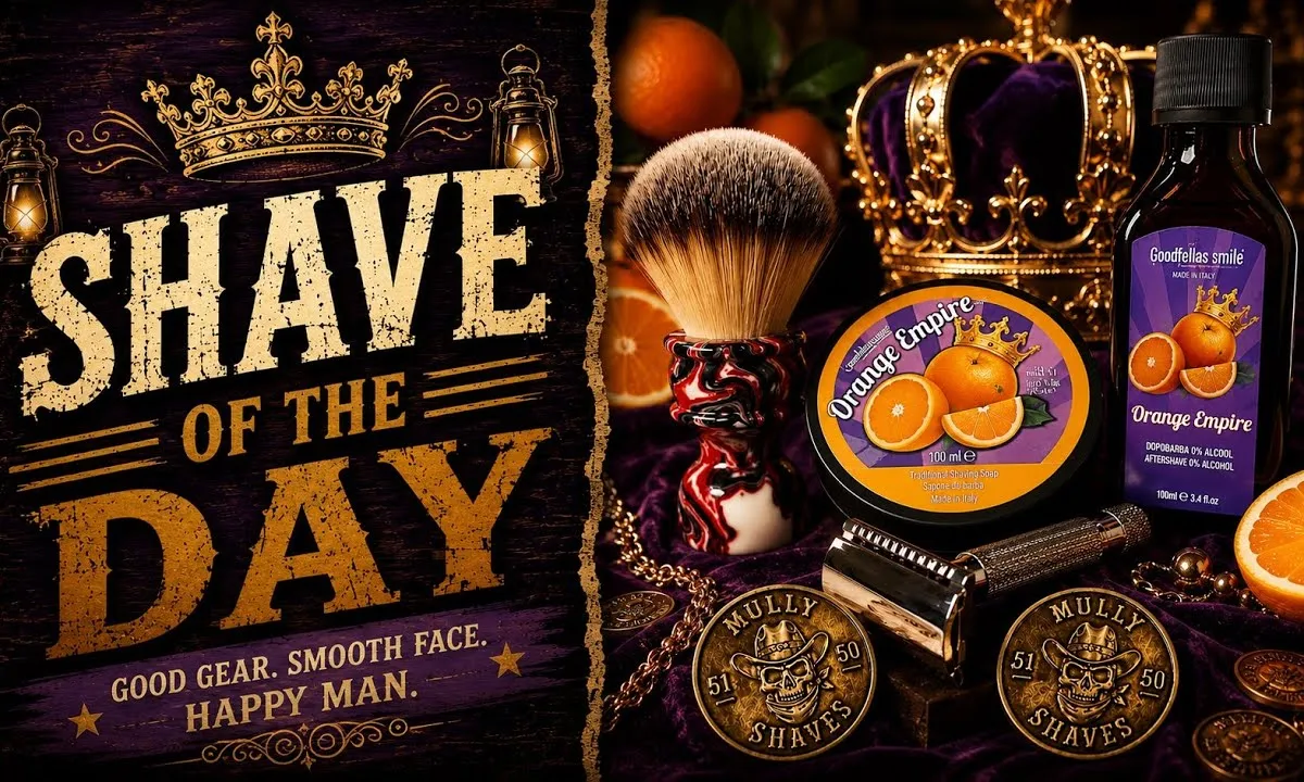 Video thumbnail for an all-orange wet shaving lineup: Goodfellas Smile Orange Empire soap, GDMG Hellfire brush, RazoRock The GOAT razor, and Stirling Orange Chill splash
