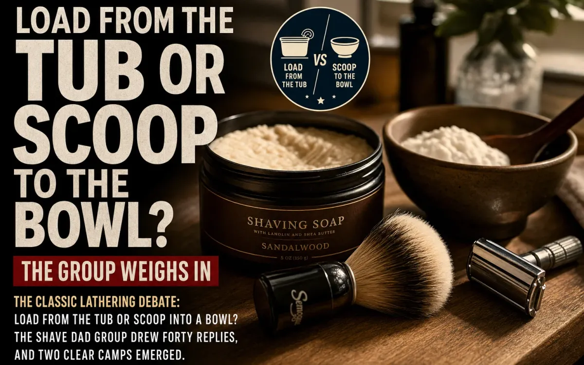 A shaving brush resting beside an open soap tub on a bathroom counter, illustrating the choice between loading straight from the soap and scooping into a bowl