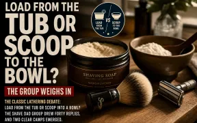 A shaving brush resting beside an open soap tub on a bathroom counter, illustrating the choice between loading straight from the soap and scooping into a bowl