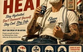 Heat safety reminder graphic posted by Jerry in the Shave Dad Facebook group