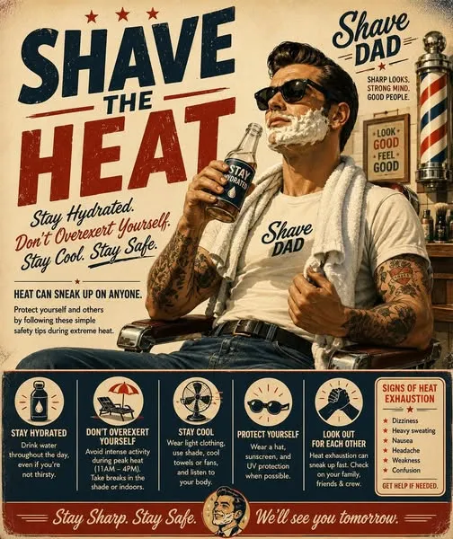 Heat safety reminder graphic posted by Jerry in the Shave Dad Facebook group