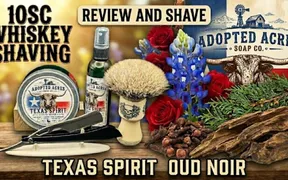 Adopted Acres Texas Spirit Oud Noir soap and splash with Tedalus Essence straight razor and Opus Brush Works skull brush
