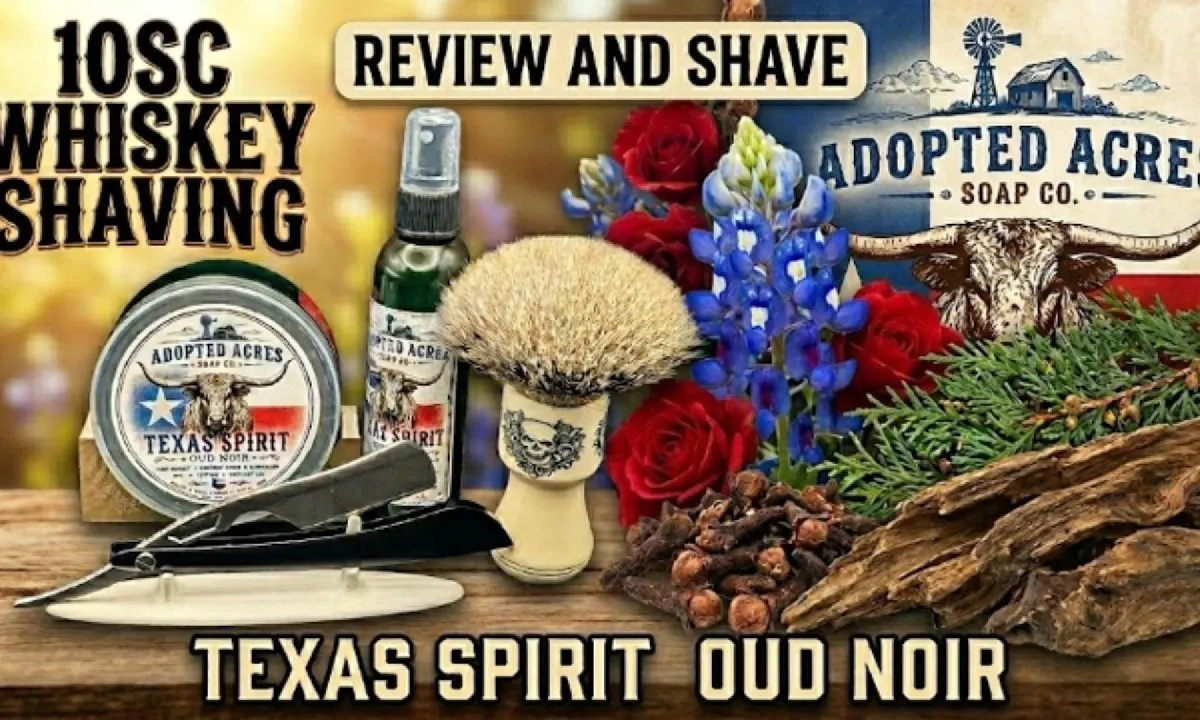 Adopted Acres Texas Spirit Oud Noir soap and splash with Tedalus Essence straight razor and Opus Brush Works skull brush