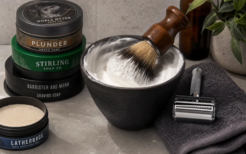 Assorted wet shaving soap pucks and tubs from various brands arranged on a flat surface