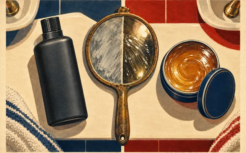 A row of vintage-style hair tonic bottles lined up on a bathroom shelf