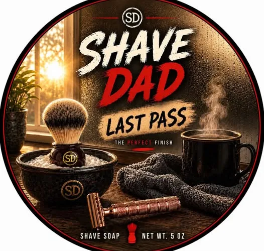 Last Pass shaving soap from the Shave Dad and Van Yulay collaboration, coffee-themed product label and packaging
