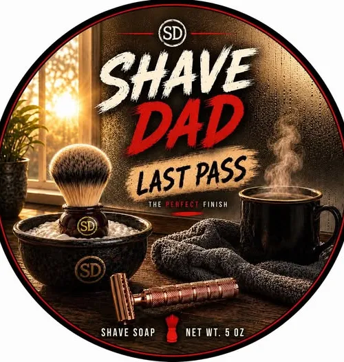 Last Pass shaving soap from the Shave Dad and Van Yulay collaboration, coffee-themed product label and packaging