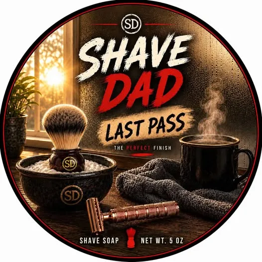 Last Pass shaving soap from the Shave Dad and Van Yulay collaboration, coffee-themed product label and packaging