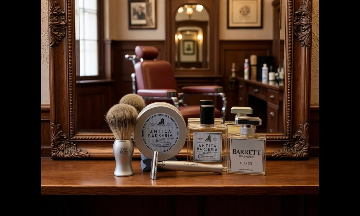 Antica Barberia Titan razor and Original Talc shaving set laid out for Italian Shave Wednesday