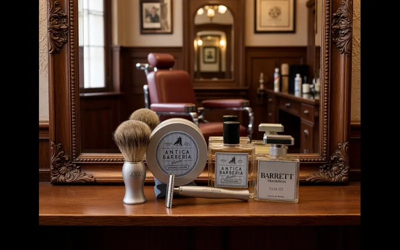 Antica Barberia Titan razor and Original Talc shaving set laid out for Italian Shave Wednesday