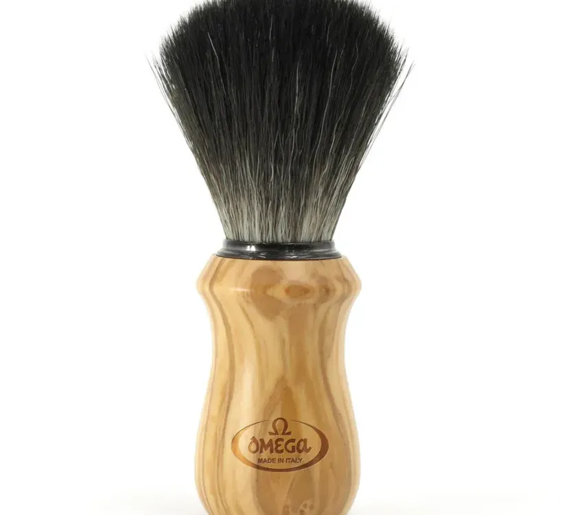 Omega Black Hi-Brush Fiber Shaving Brush, Olive Wood Handle