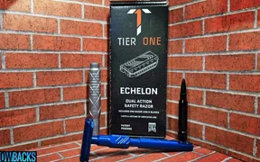 Tier One Echelon Elite safety razor with Elite, Ranger, and 308 handles displayed