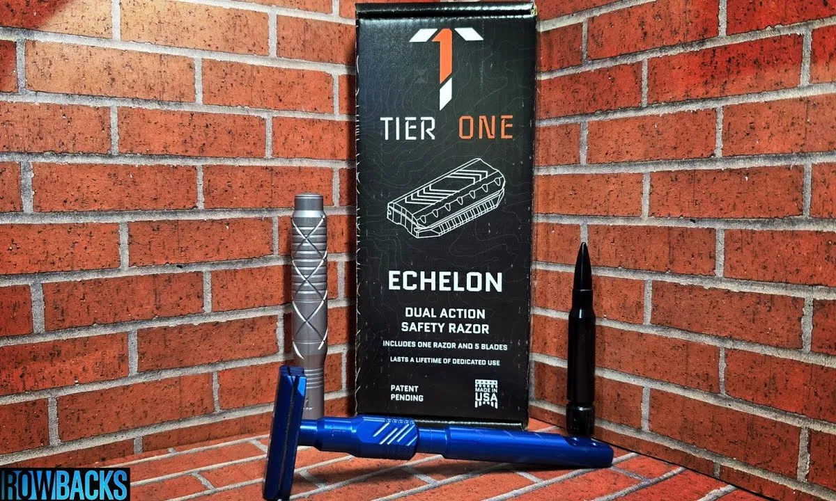 Tier One Echelon Elite safety razor with Elite, Ranger, and 308 handles displayed