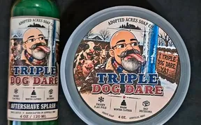 Triple Dog Dare soap label from Adopted Acres featuring farm animals and scent notes