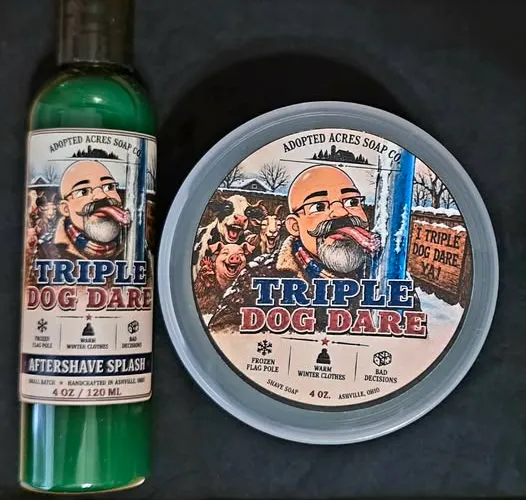 Triple Dog Dare soap label from Adopted Acres featuring farm animals and scent notes