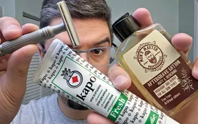 Shave And Tell evening shave setup: Caro Fresh Bulgarian cream, Karve Bison stainless steel razor, Zenith bleached boar brush, and Men's Master Professional aftershave