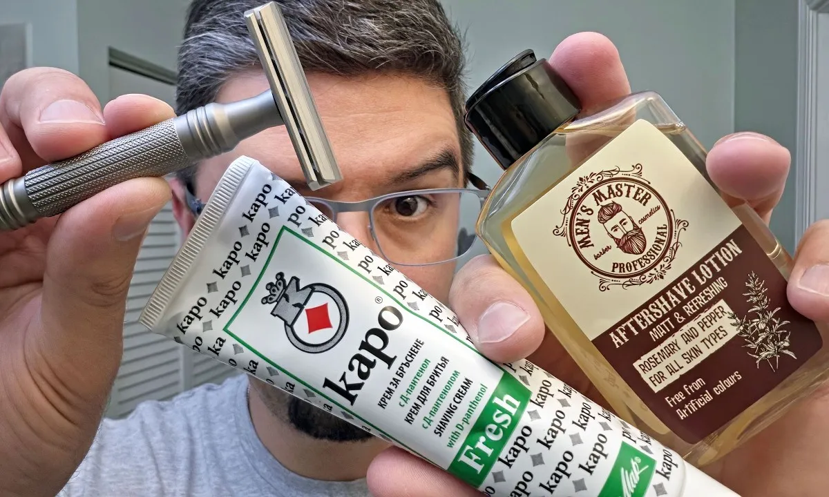 Shave And Tell evening shave setup: Caro Fresh Bulgarian cream, Karve Bison stainless steel razor, Zenith bleached boar brush, and Men's Master Professional aftershave