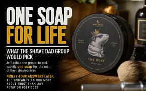 Shaving soap puck on a wooden surface representing the community picks from the Shave Dad group desert-island soap discussion