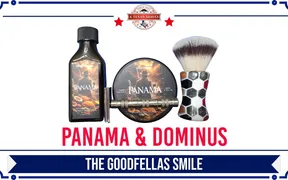 Bary Bedford holding a Goodfellas Smile Dominus razor and Panama shaving soap for a first impressions review on A Texan Shaves