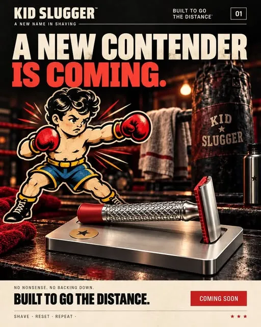 Teaser graphic for the Alpha Shaving Works Kid Slugger safety razor in red and blue aluminum finishes