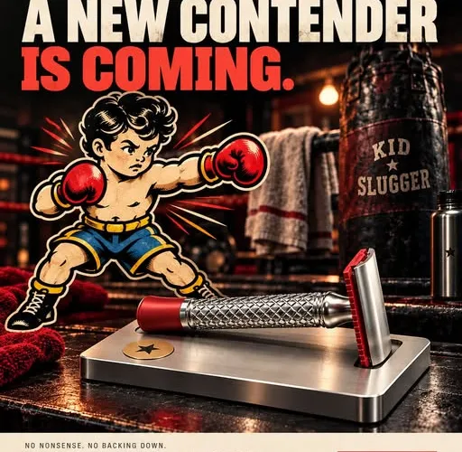 Teaser graphic for the Alpha Shaving Works Kid Slugger safety razor in red and blue aluminum finishes