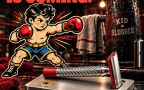 Teaser graphic for the Alpha Shaving Works Kid Slugger safety razor in red and blue aluminum finishes