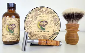 Noble Otter Lorekeeper soap with Muhle Rocca R95 razor and Trotter black locust brush