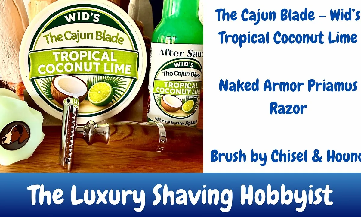 Naked Armor Priamus safety razor alongside The Cajun Blade's Wid's Tropical Coconut Lime soap and splash