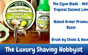 Naked Armor Priamus safety razor alongside The Cajun Blade's Wid's Tropical Coconut Lime soap and splash