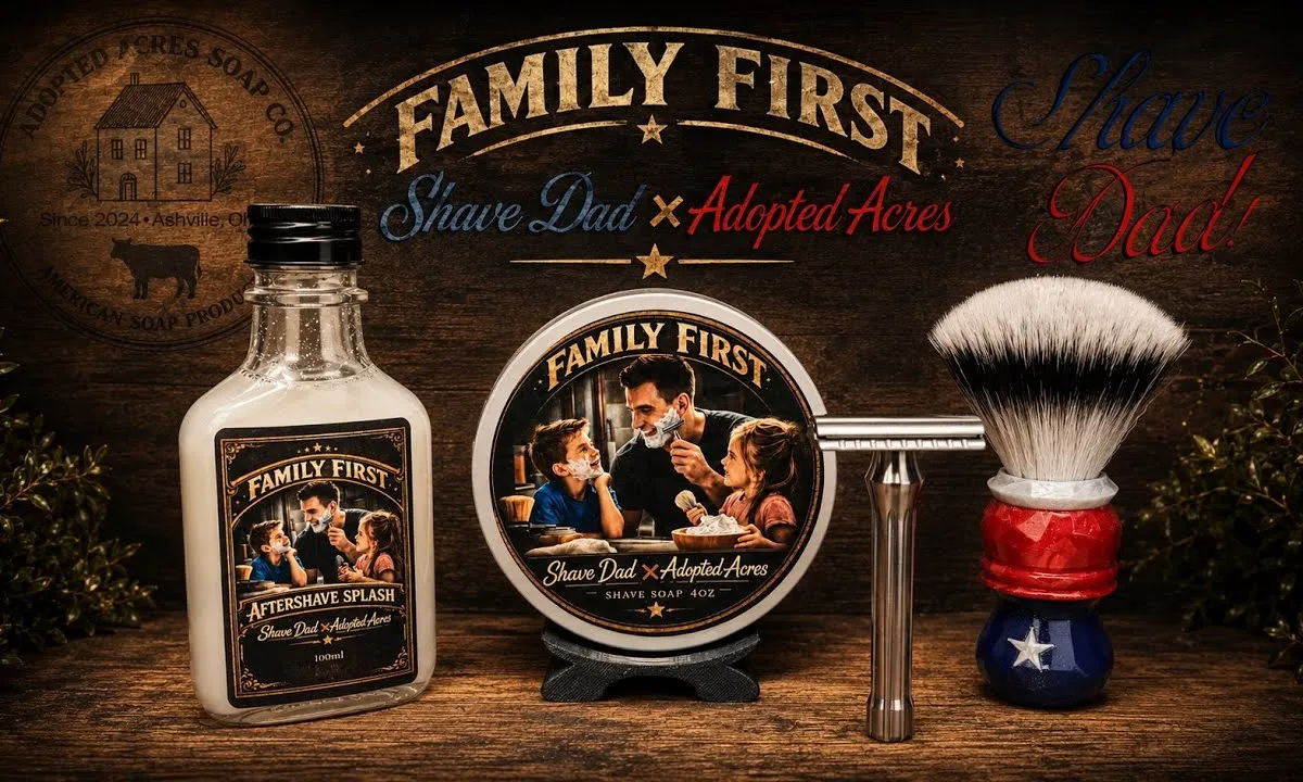 Family First soap and aftershave from Adopted Acres x Shave Dad, with the Blackland Blackbird razor