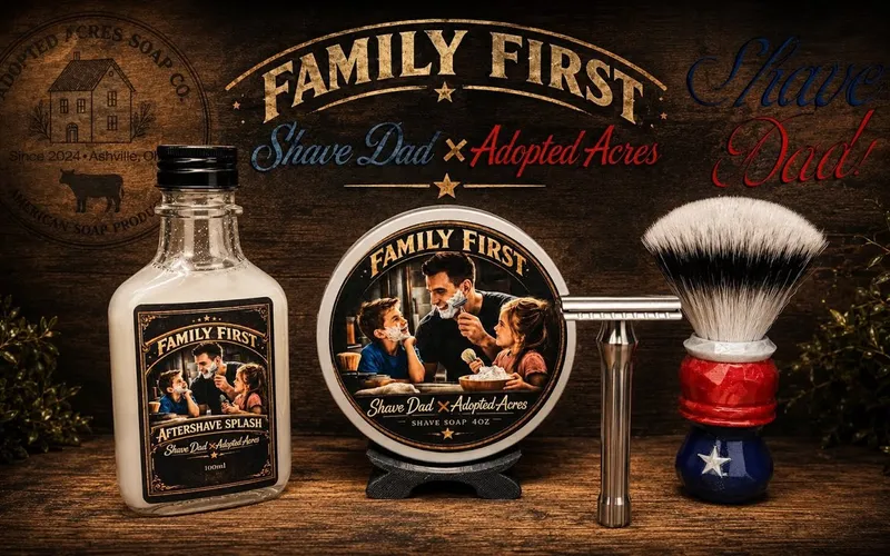 Family First soap and aftershave from Adopted Acres x Shave Dad, with the Blackland Blackbird razor
