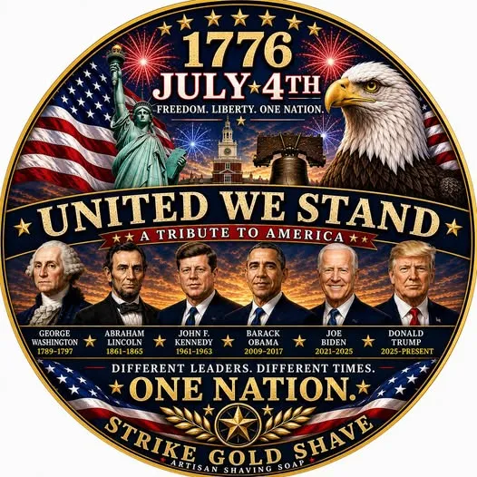 Strike Gold Shave 1776 soap label featuring the Statue of Liberty, an American eagle, UNITED WE STAND, and six presidents from Washington to Trump with their names and terms