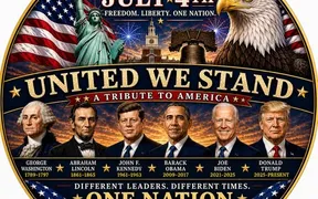 Strike Gold Shave 1776 soap label featuring the Statue of Liberty, an American eagle, UNITED WE STAND, and six presidents from Washington to Trump with their names and terms